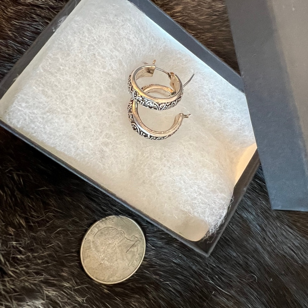 Monet Silver Tone Mini Hoop Earrings with Pattern and Easy-On Easy-Lock Posts